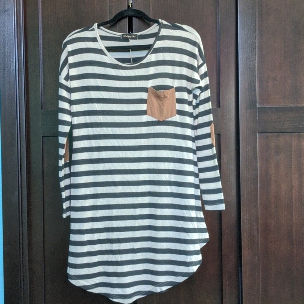 Striped Shift Dress, Suede Pocket/ Elbow Patches